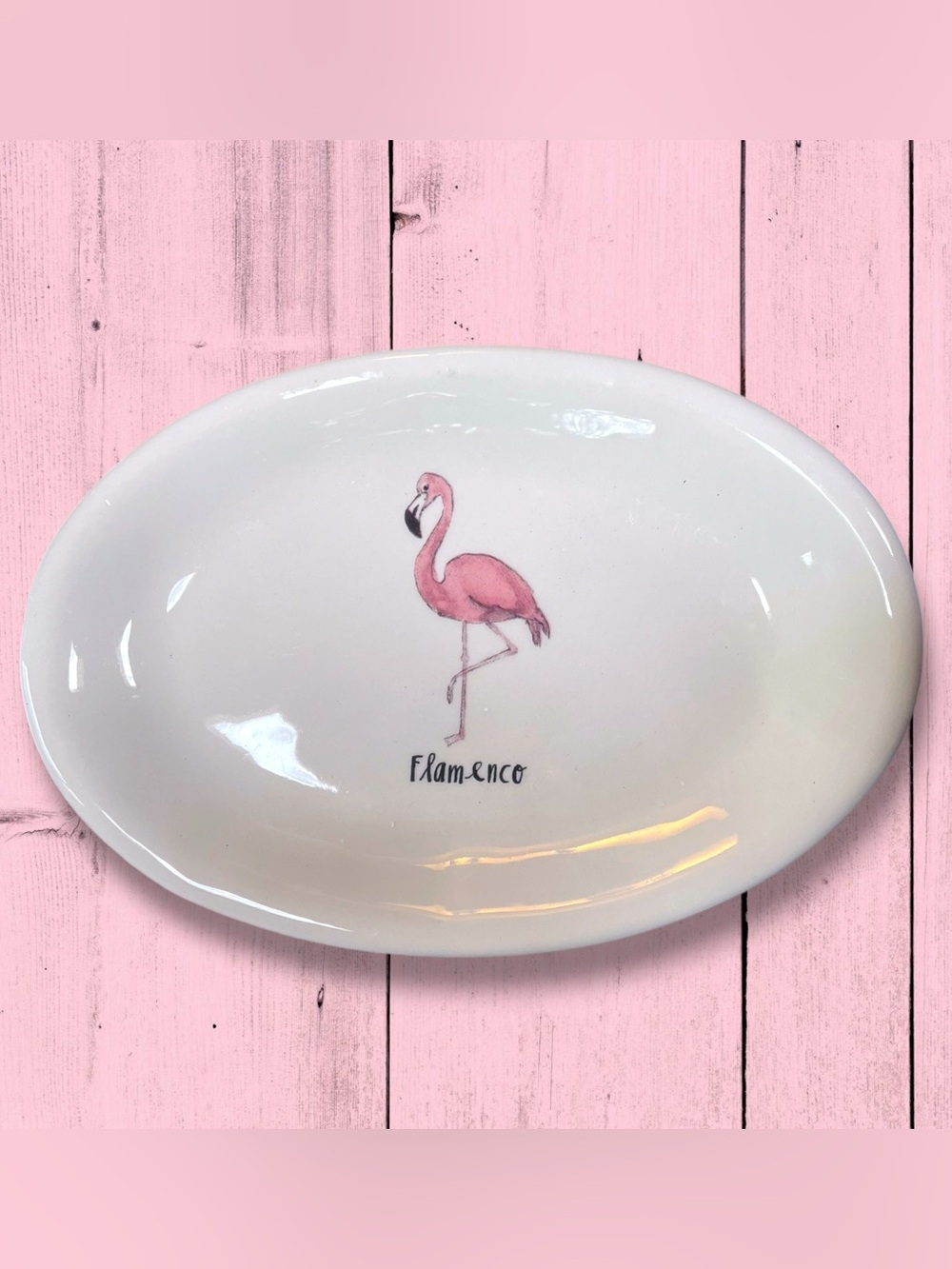 Unused Rae Dunn Small 8” Oval Platter White w/ Pink Flamingo Flamenco  Cute